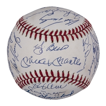 1961 New York Yankees Reunion Team Signed OAL Brown Baseball With 30 Signatures Including Mantle, Berra and Skowron (Beckett)